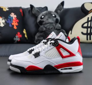 Side profile of both Jordan 4 Red Cement reps sneakers