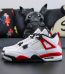 Side profile of both Jordan 4 Red Cement reps sneakers