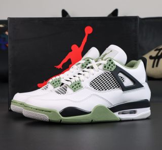 Jordan 4 Seafoam Oil Green reps with white leather and olive green accents