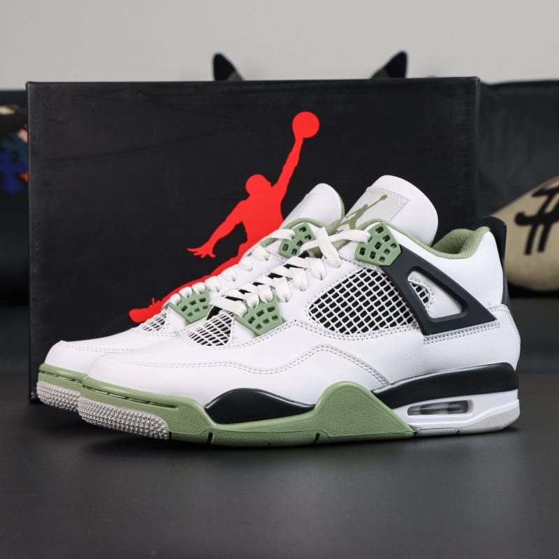 Jordan 4 Seafoam Oil Green reps with white leather and olive green accents