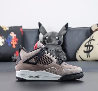 Side view of Jordan 4 Taupe Haze reps showing taupe suede and black netting
