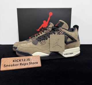 Jordan 4 Travis Scott Mocha Reps with box displayed on table