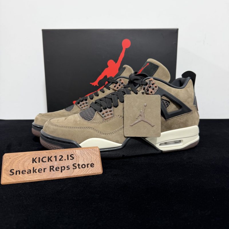 Jordan 4 Travis Scott Mocha Reps with box displayed on table