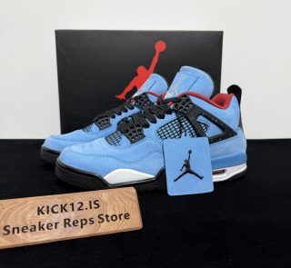 Jordan 4 Travis Scott Reps with box displayed on table