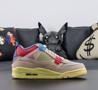 Side view of Jordan 4 Union Guava Ice reps showing mesh netting and UN/LA tag