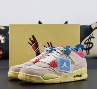 Jordan 4 Union Guava Ice reps with shoebox and pastel pink upper