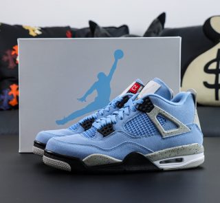 Jordan 4 University Blue reps with shoebox and light blue suede upper