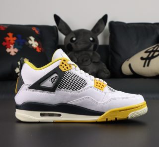 Inner view of Jordan 4 Vivid Sulfur reps with mesh panels and black midsole detailing
