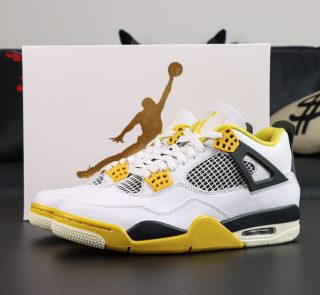 Jordan 4 Vivid Sulfur reps with retail-style box and vibrant yellow accents
