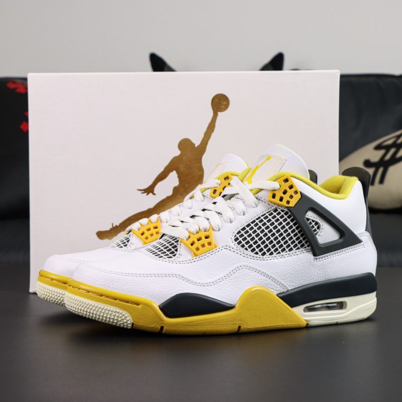 Jordan 4 Vivid Sulfur reps with retail-style box and vibrant yellow accents