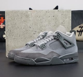 Jordan 4 Wet Cement reps with retail-style box, premium grey leather, and cement detailing