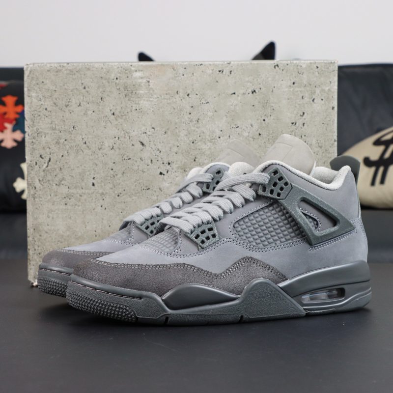 Jordan 4 Wet Cement reps with retail-style box, premium grey leather, and cement detailing