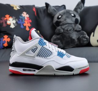 Side view of Jordan 4 What The replica sneaker with multi-color panel layout