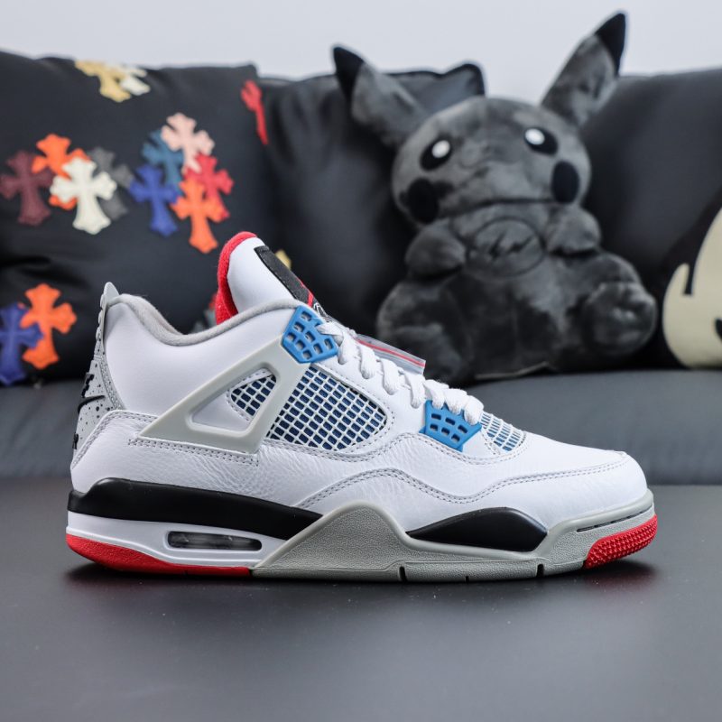 Side view of Jordan 4 What The replica sneaker with multi-color panel layout