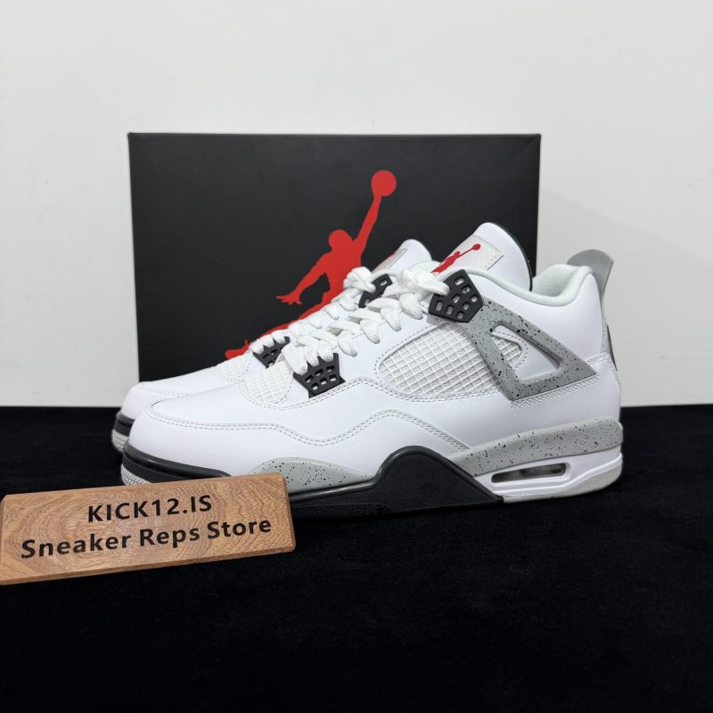 Jordan 4 White Cement 2016 Reps with box displayed on table