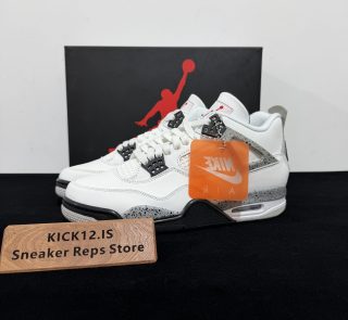 Jordan 4 White Cement 2025 Reps with box displayed on table
