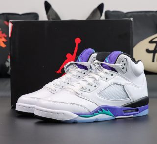 Jordan 5 Grape Reps 2025 with box and white leather upper