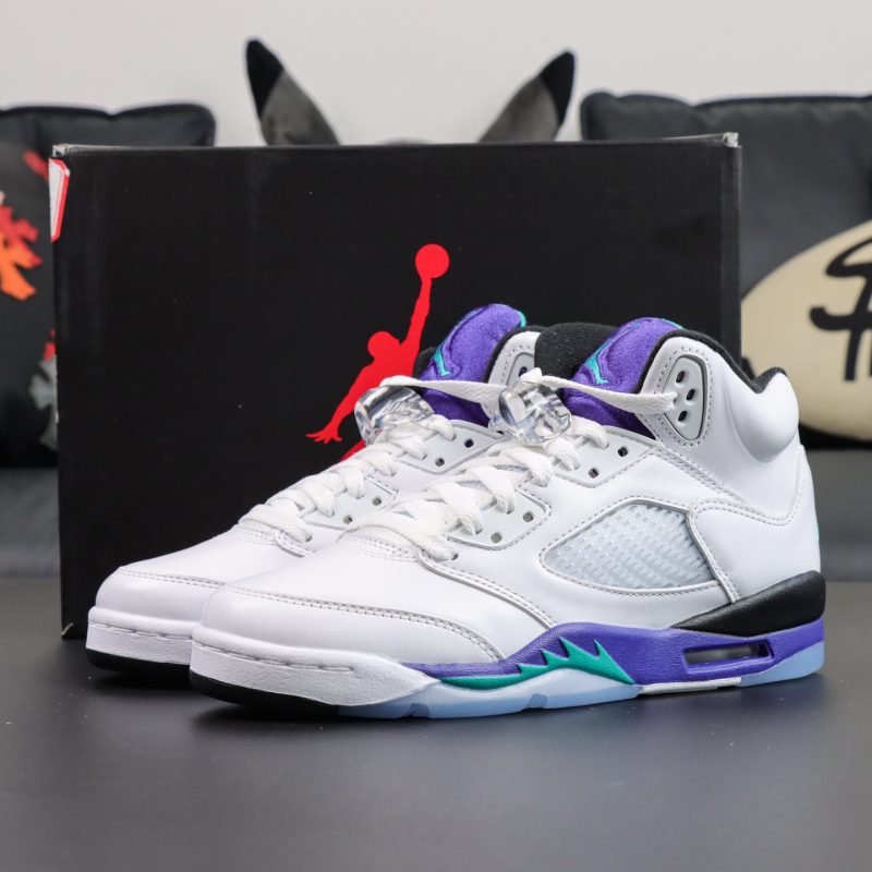 Jordan 5 Grape Reps 2025 with box and white leather upper