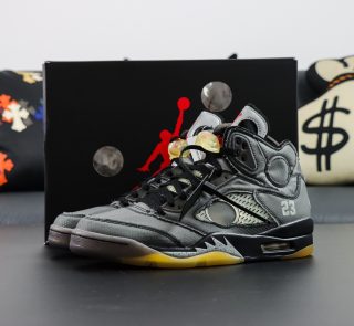 Jordan 5 Off White Muslin reps with black textile upper and shoebox