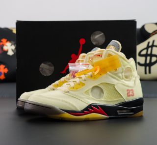 Jordan 5 Off White Sail reps with translucent mesh and shoebox