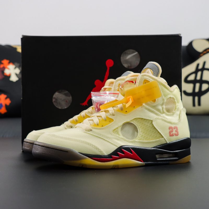 Jordan 5 Off White Sail reps with translucent mesh and shoebox