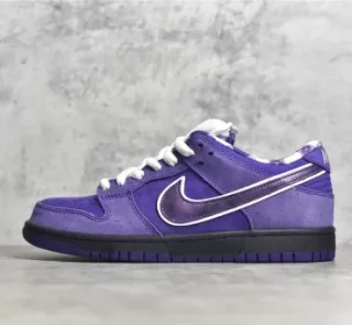 Purple Lobster Dunks Reps side profile showcasing suede upper and Swoosh on black sole