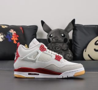 Side view of Nike SB Jordan 4 Varsity Red reps with gum outsole