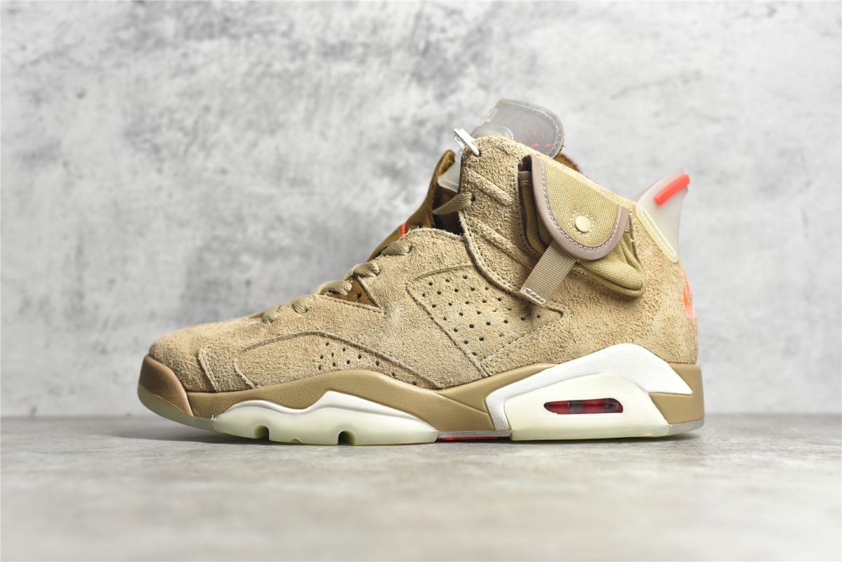 Side view of Jordan 6 Travis Scott reps with canvas stash pocket, main image