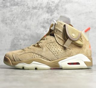 Side view of Jordan 6 Travis Scott reps with canvas stash pocket, main image