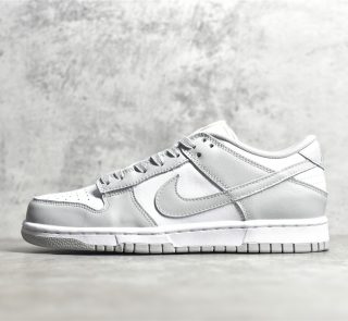 Outside view of Grey Fog Dunks reps with clean stitching