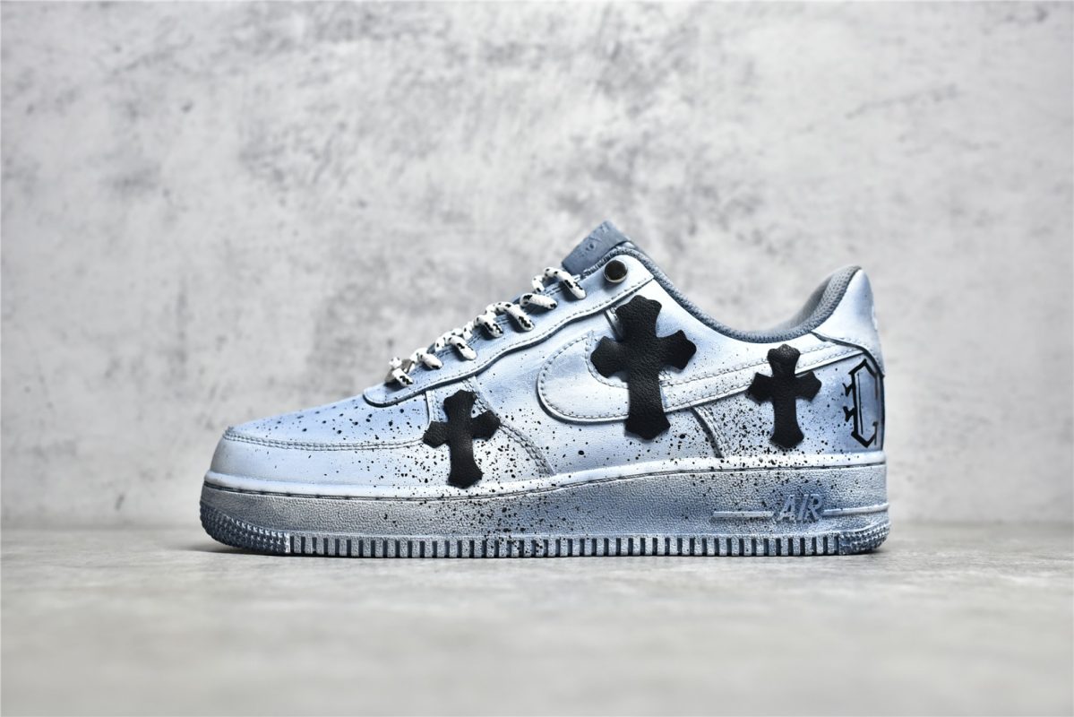 outside view of blue Chrome Heart Air Force 1 with leather and metal cross