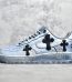 outside view of blue Chrome Heart Air Force 1 with leather and metal cross