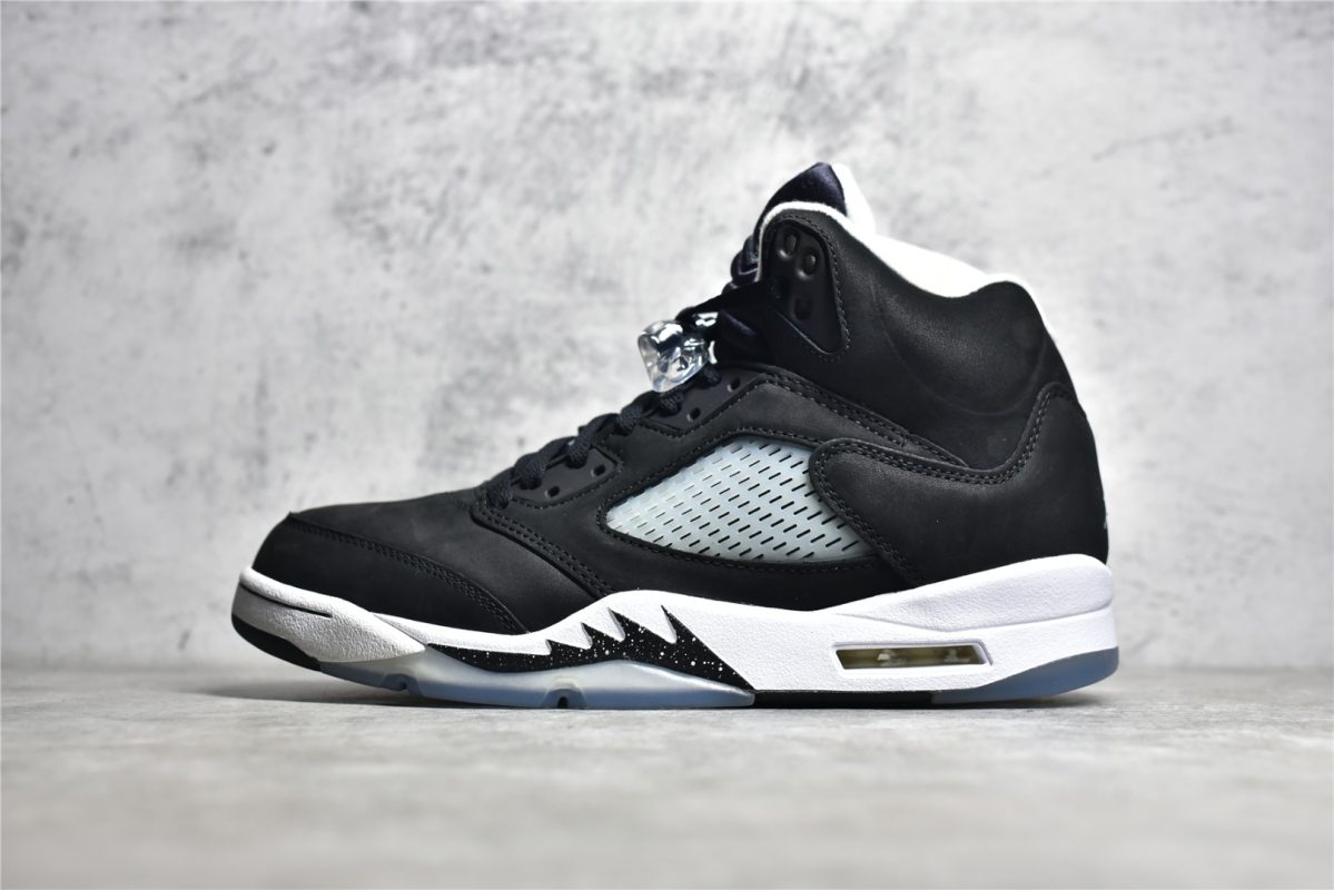 Black nubuck upper on Air Jordan 5 Oreo replica from side angle