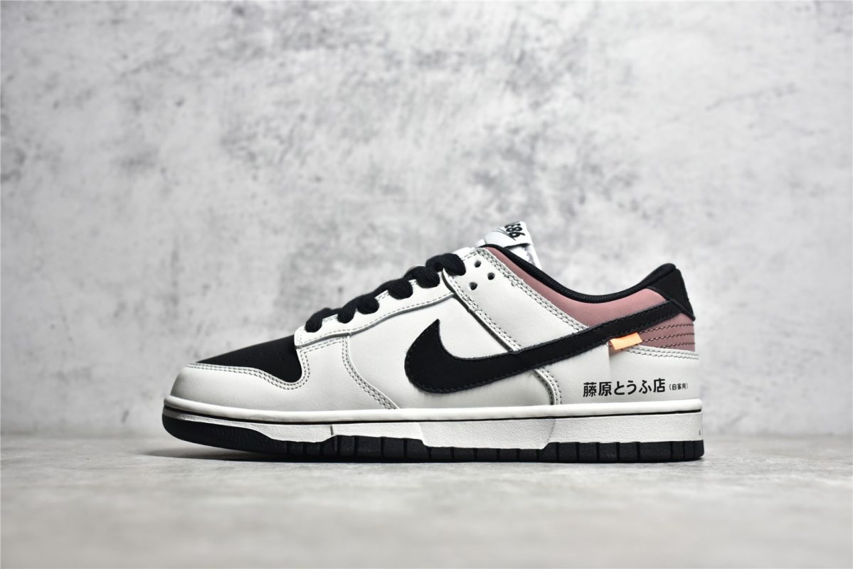 Outside view of Initial D Dunks with black leather overlays