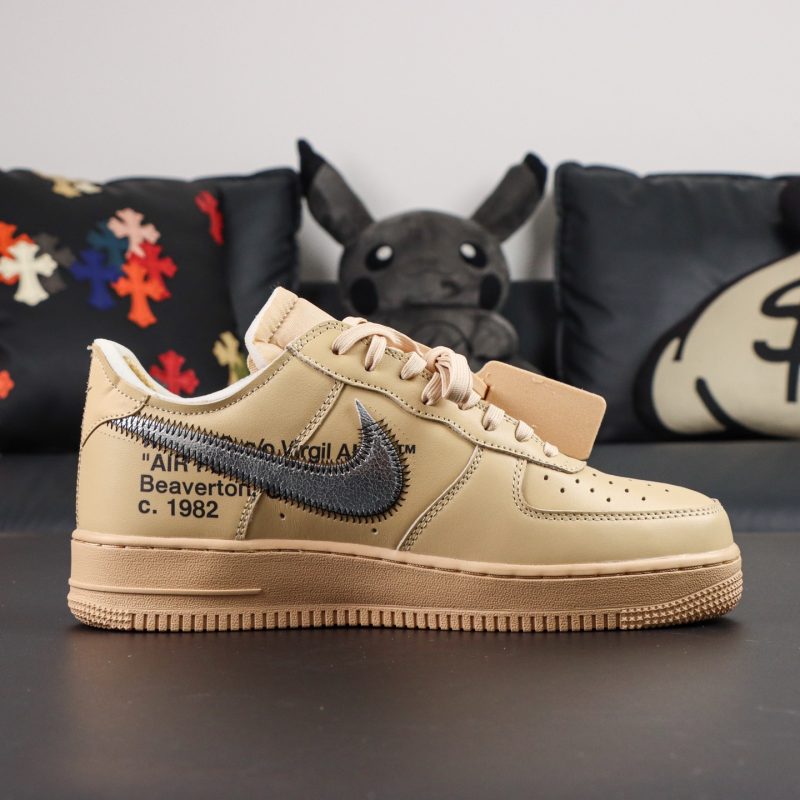 Inside view of Off White x Air Force 1 Desert Tan reps showing stitching detail