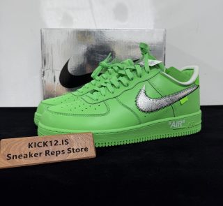 Off White Air Force 1 Green Reps with box displayed on table