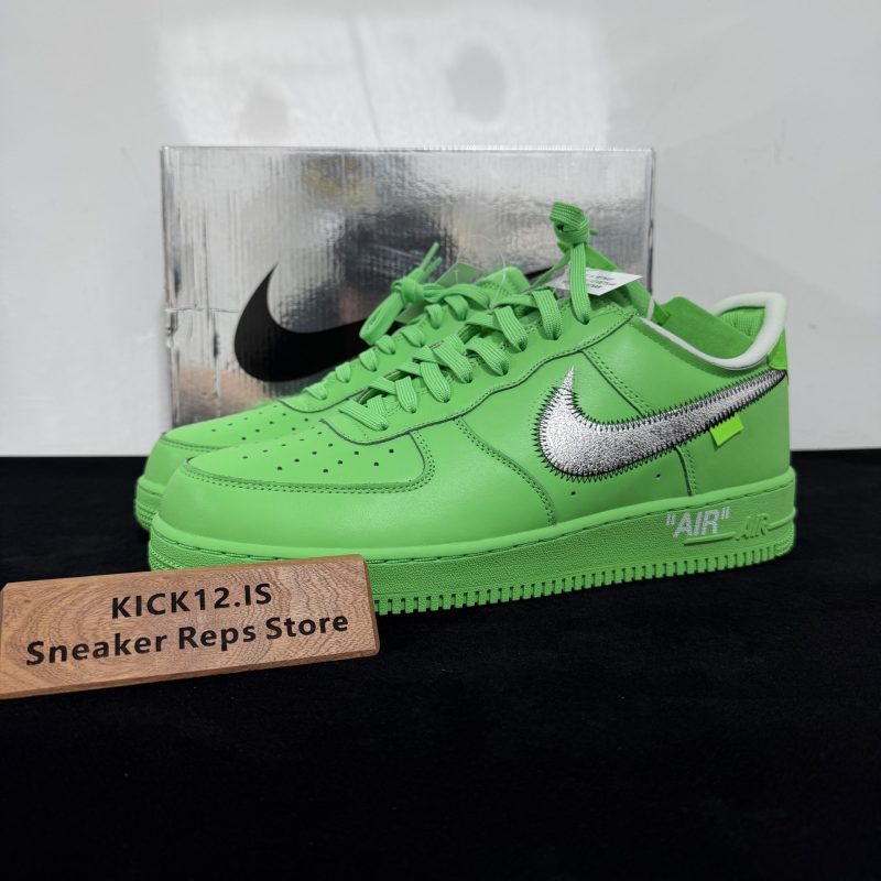 Off White Air Force 1 Green Reps with box displayed on table
