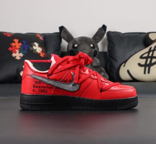 Inside view of Off White x Air Force 1 Red Black with text branding