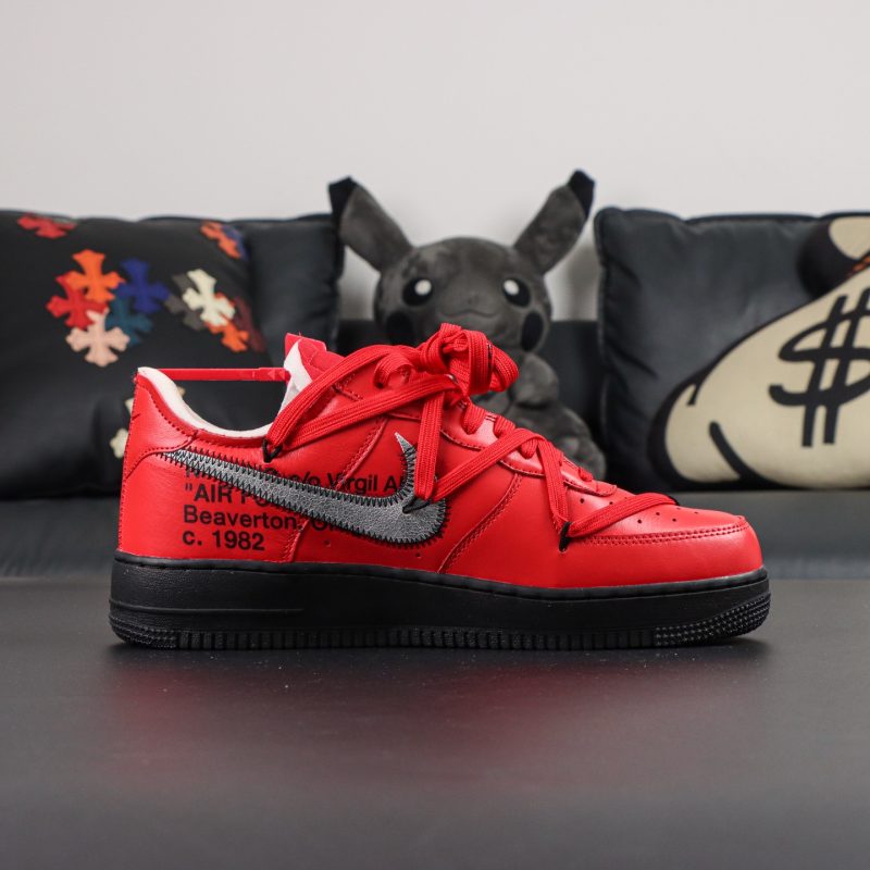 Inside view of Off White x Air Force 1 Red Black with text branding