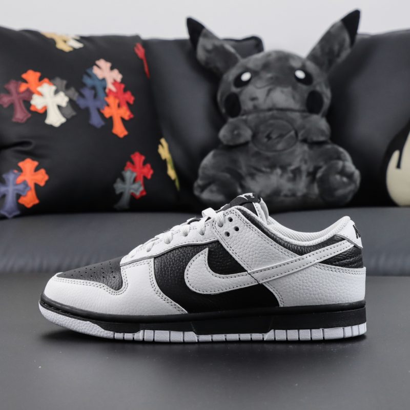 outside view of Reverse Panda Dunk reps showing leather and stitching