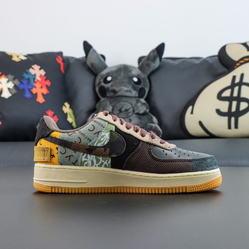 Side view of Travis Scott Cactus Jack AF1 reps with corduroy panels