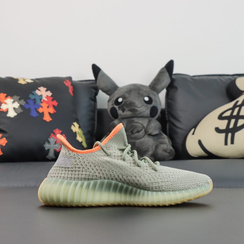 Inside view of Desert Sage Yeezy 350 reps with Primeknit texture and midsole