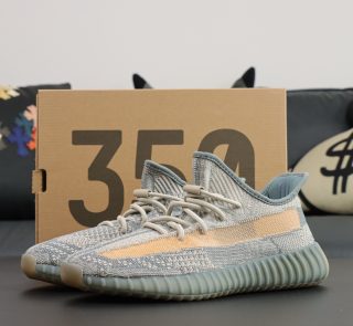 Yeezy 350 Israfil reps with grey-blue Primeknit upper and original box