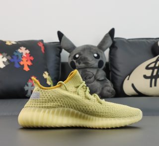 Inside view of Linen Yeezy 350 reps with neutral tones and woven texture