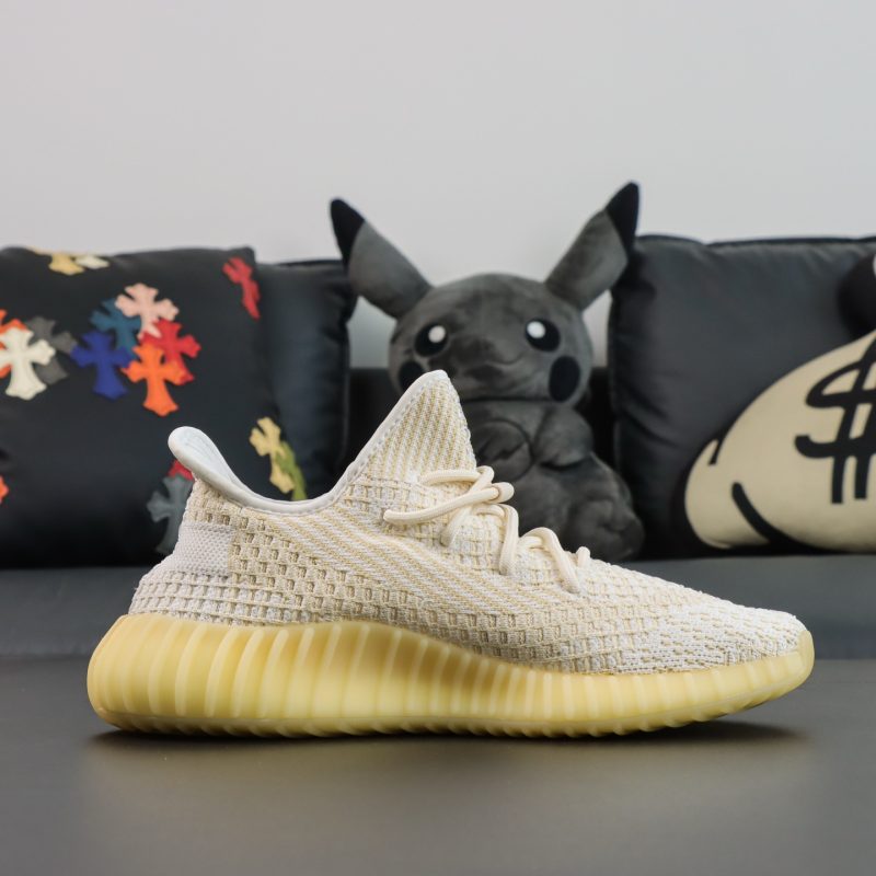 Inside view of Natural Yeezy 350 reps with soft knit structure and tonal colors