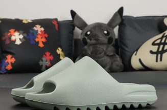 Side view of Yeezy Slide Salt replica slides in muted grey