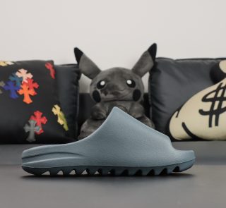 Outside view of Slate Marine Yeezy Slide replica with curved strap